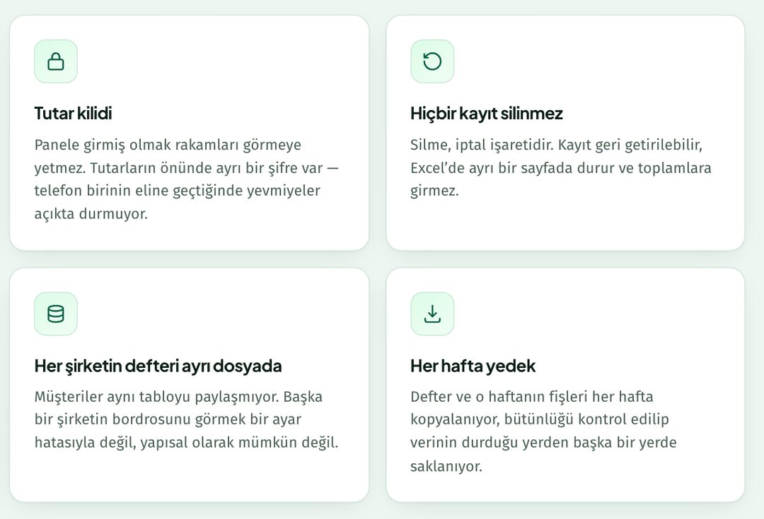 Şantiye Kasa'nın güvenlik ilkeleri: tutar kilidi, silinmeyen kayıt, ayrı defter dosyası, haftalık yedek